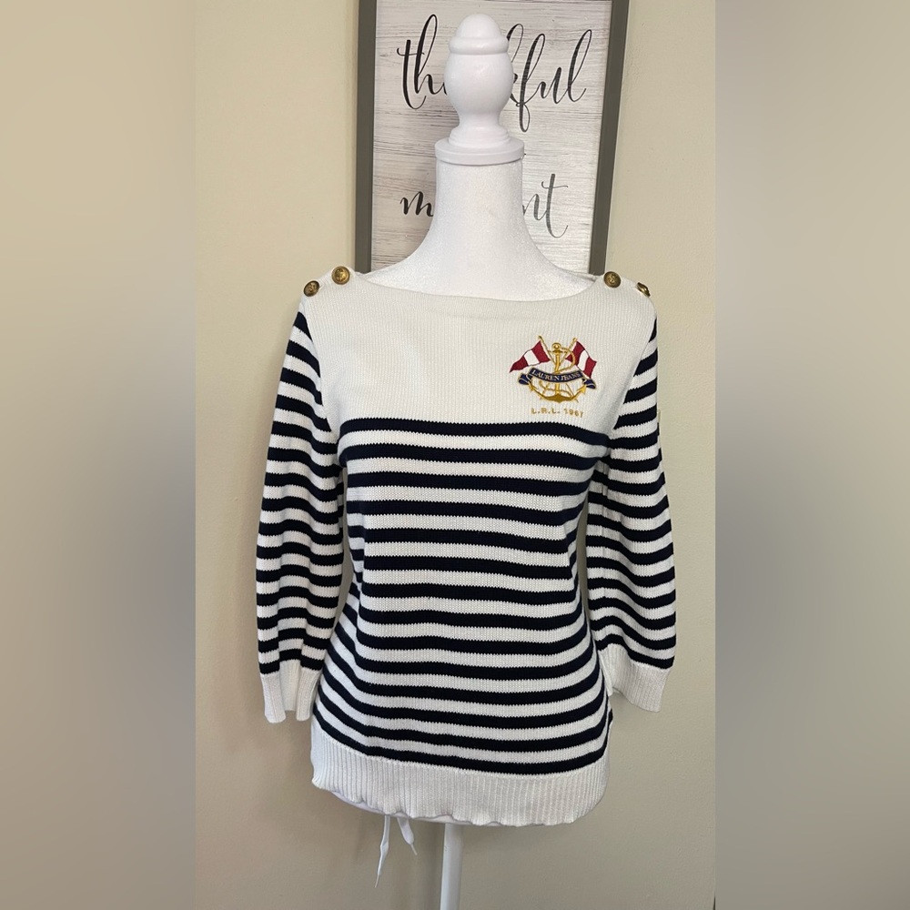 Lauren Ralph Lauren Women’s Sweater Crest Embroidered Nautical Boat Stripe Sz PM
